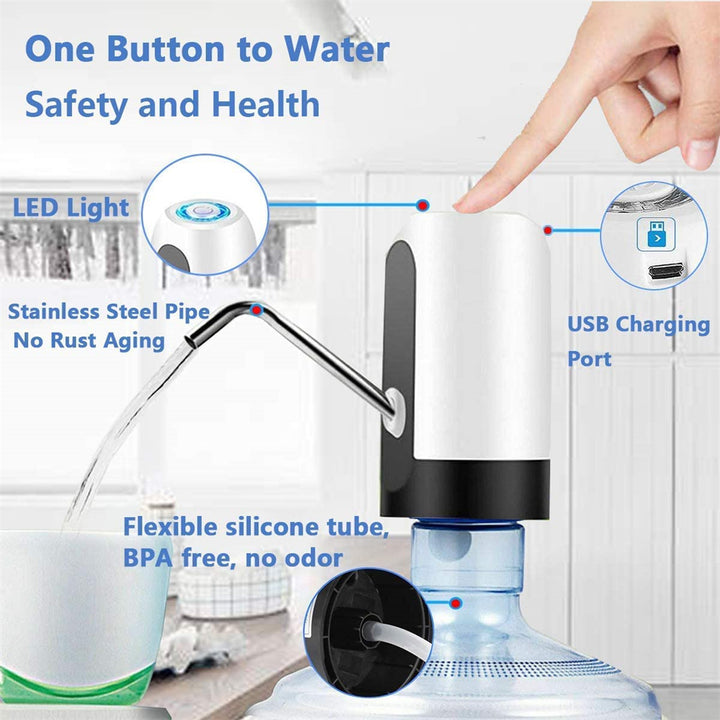 Water dispenser with USB charging port and LED light, shown with a hand pointing to the button.